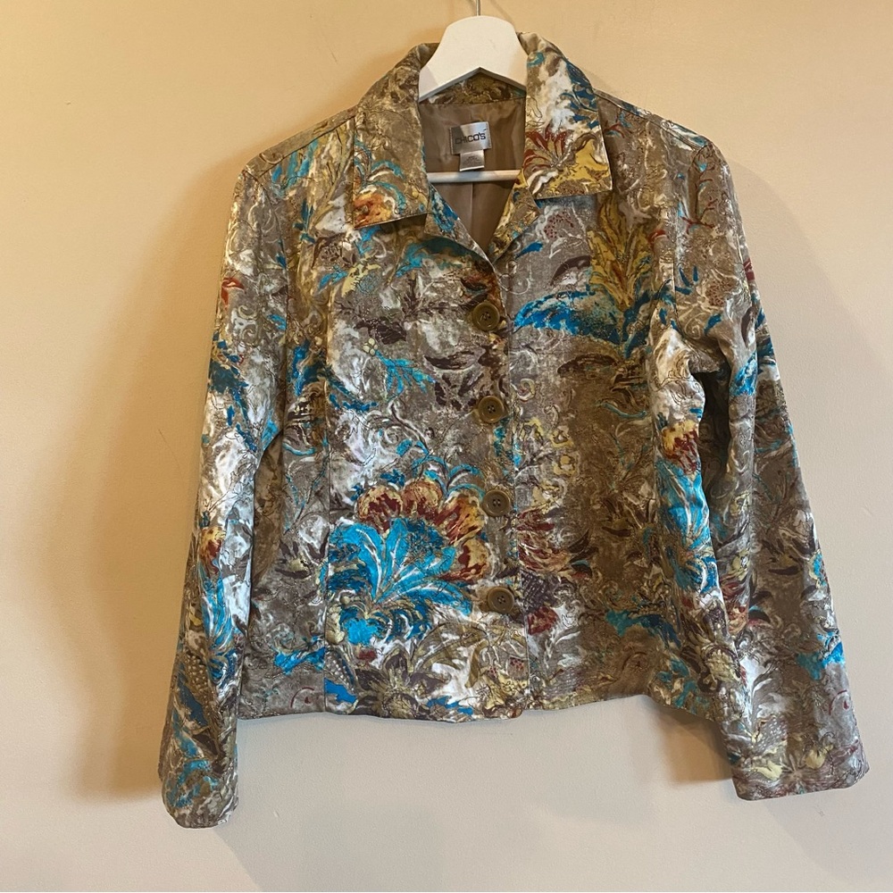Chicos Size 1 US Med Oriental Floral Silk Blend Embroidered ThreadJacket Shirt